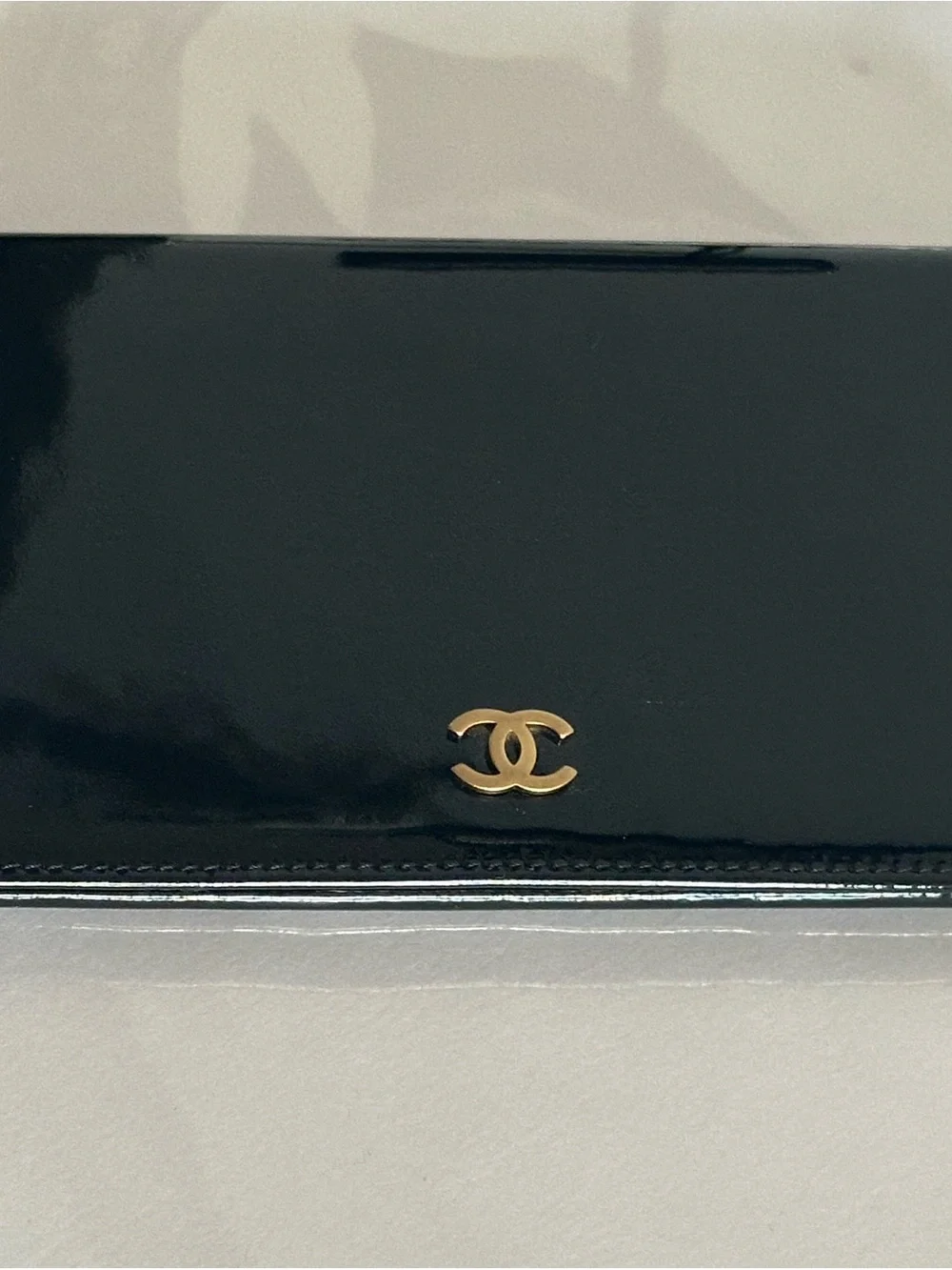 Vintage Chanel Black Patent Leather Long Flap Wallet 6-Series Box Card